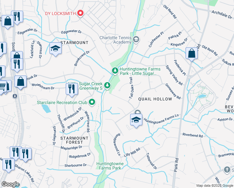 map of restaurants, bars, coffee shops, grocery stores, and more near 2301 Huntingtowne Farms Lane in Charlotte