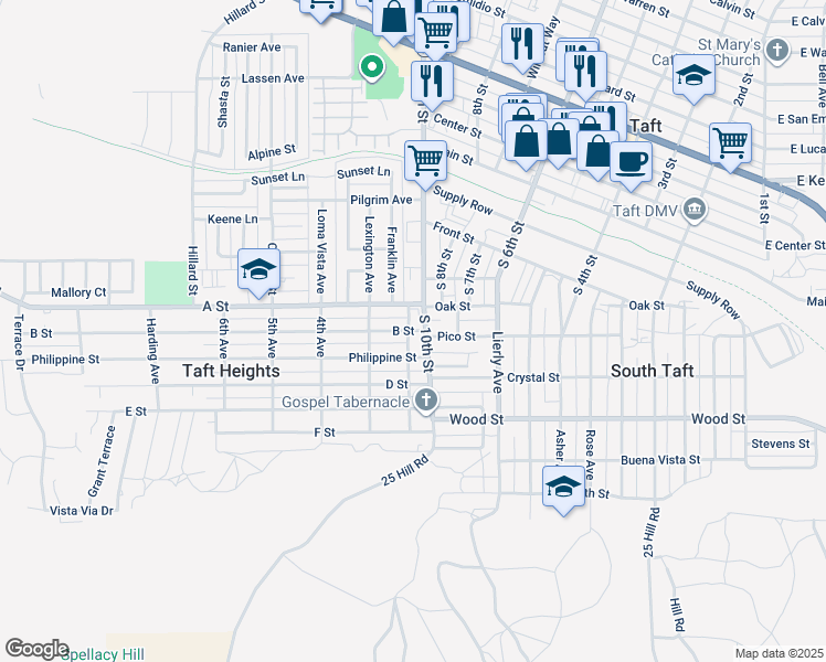 map of restaurants, bars, coffee shops, grocery stores, and more near 155 B Street in Taft