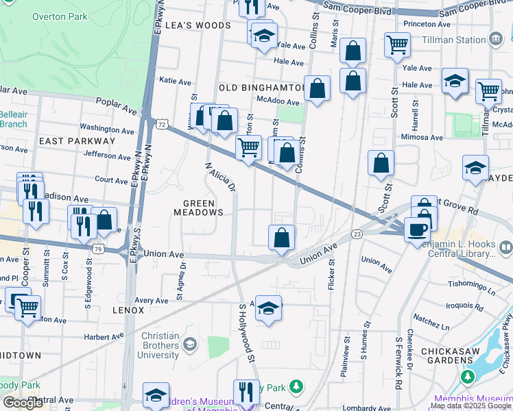 map of restaurants, bars, coffee shops, grocery stores, and more near 2564 Madison Avenue in Memphis