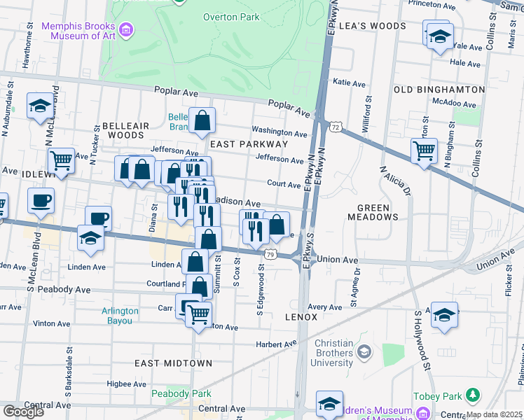 map of restaurants, bars, coffee shops, grocery stores, and more near 2251 Madison Avenue in Memphis