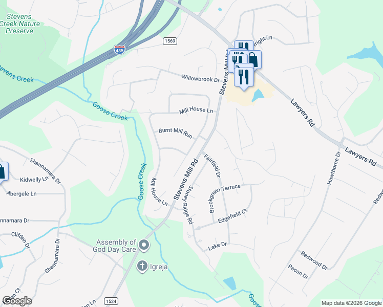 map of restaurants, bars, coffee shops, grocery stores, and more near 8102 Hunley Ridge Road in Matthews
