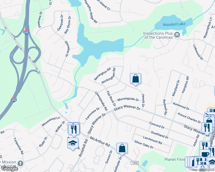 map of restaurants, bars, coffee shops, grocery stores, and more near 486 Waterbury Drive in Fayetteville