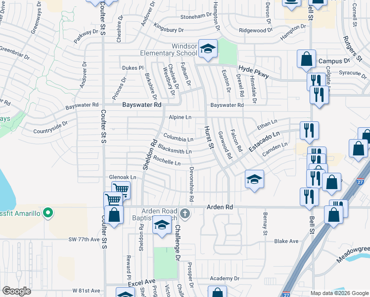 map of restaurants, bars, coffee shops, grocery stores, and more near 6800 Blacksmith Lane in Amarillo