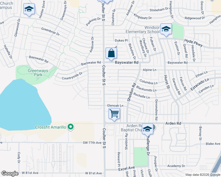map of restaurants, bars, coffee shops, grocery stores, and more near 7108 Rochelle Ln in Amarillo