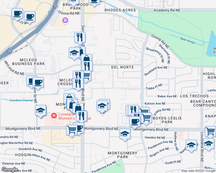 map of restaurants, bars, coffee shops, grocery stores, and more near 8 San Mateo Lane Northeast in Albuquerque
