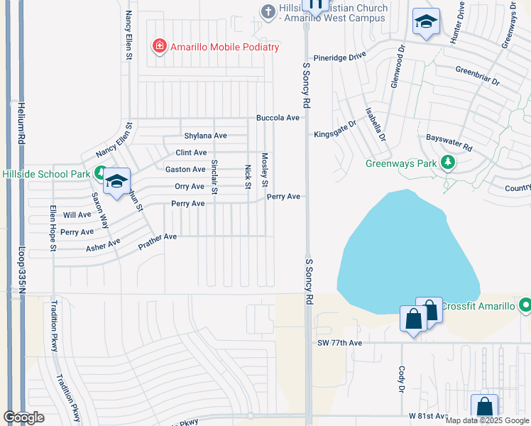map of restaurants, bars, coffee shops, grocery stores, and more near 7107 Mosley Street in Amarillo