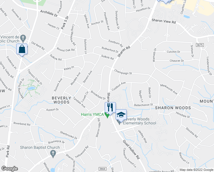 map of restaurants, bars, coffee shops, grocery stores, and more near 5708 Sharon Road in Charlotte