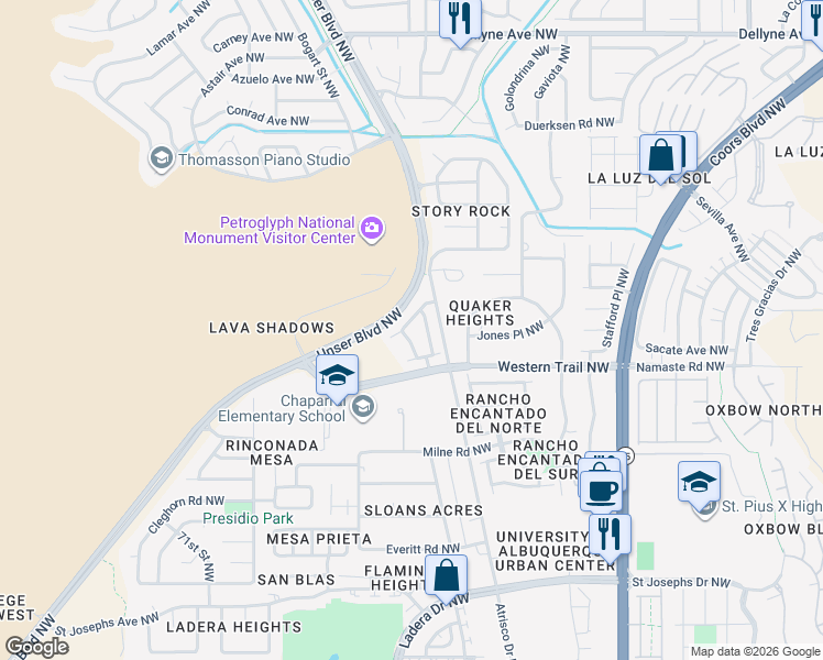 map of restaurants, bars, coffee shops, grocery stores, and more near 6232 Zaltana Rd NW in Albuquerque