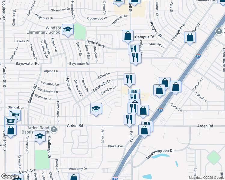 map of restaurants, bars, coffee shops, grocery stores, and more near 6205 Camden Lane in Amarillo
