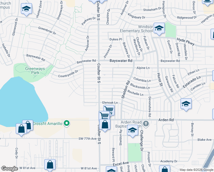 map of restaurants, bars, coffee shops, grocery stores, and more near 7108 Rochelle Lane in Amarillo