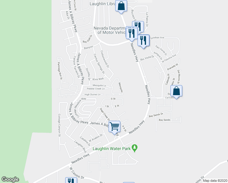 map of restaurants, bars, coffee shops, grocery stores, and more near 2052 Mesquite Lane in Laughlin