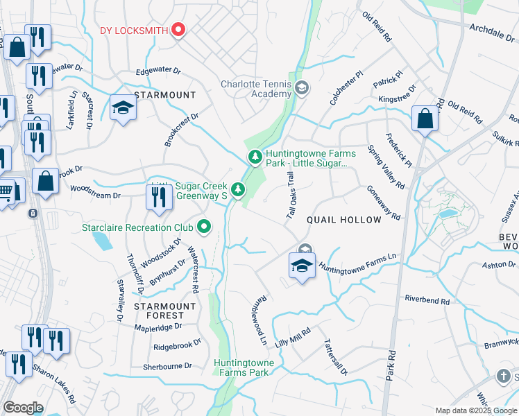 map of restaurants, bars, coffee shops, grocery stores, and more near 2301 Huntingtowne Farms Lane in Charlotte