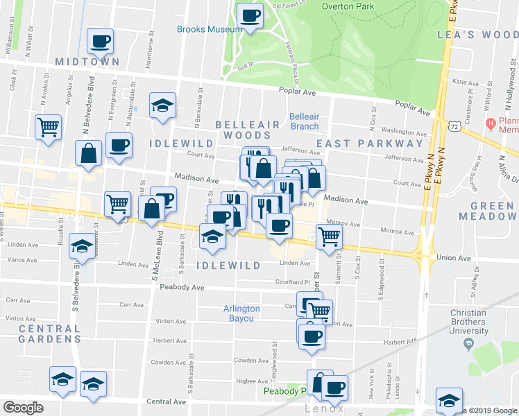 map of restaurants, bars, coffee shops, grocery stores, and more near 30 South Morrison Street in Memphis