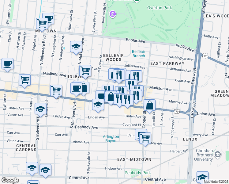 map of restaurants, bars, coffee shops, grocery stores, and more near 30 South Morrison Street in Memphis