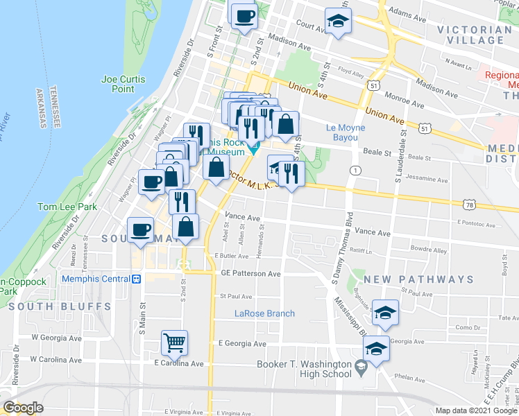 map of restaurants, bars, coffee shops, grocery stores, and more near 320 Bishop Row Drive in Memphis