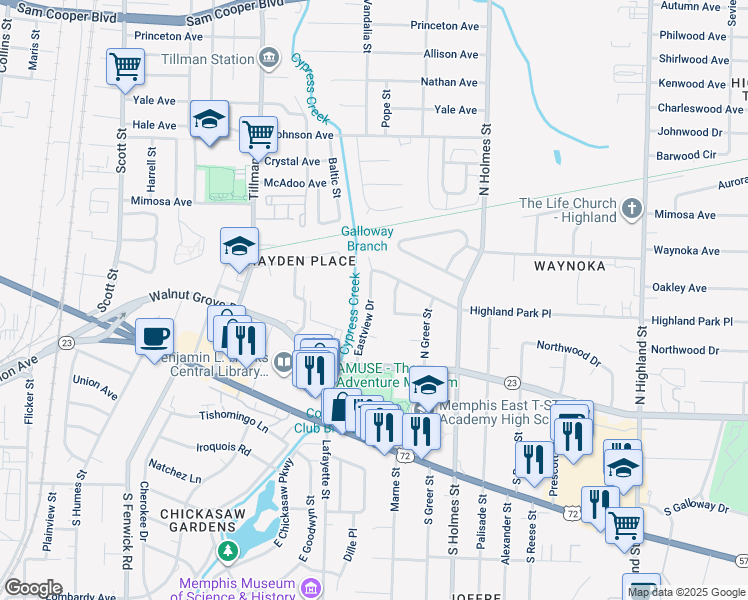 map of restaurants, bars, coffee shops, grocery stores, and more near 148 Eastview Drive in Memphis