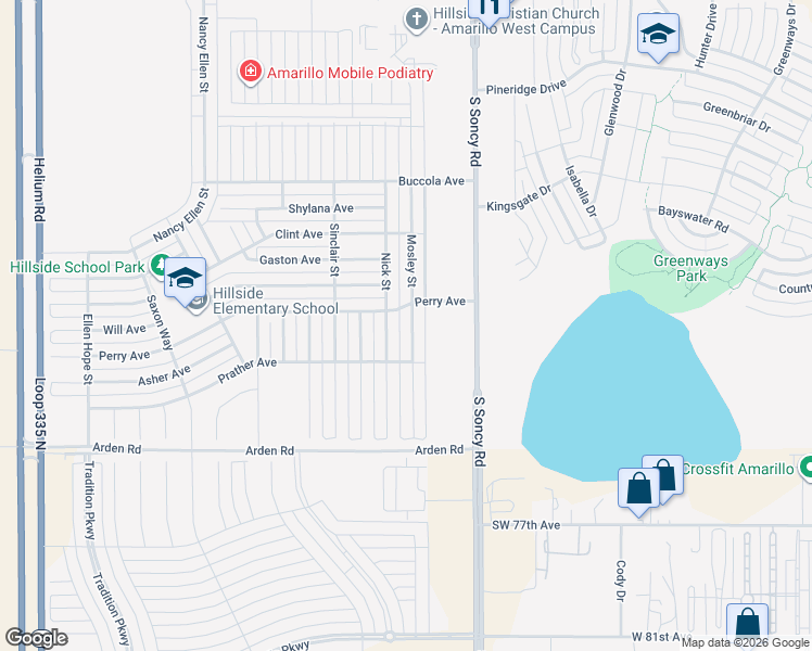 map of restaurants, bars, coffee shops, grocery stores, and more near 7105 Nick Street in Amarillo
