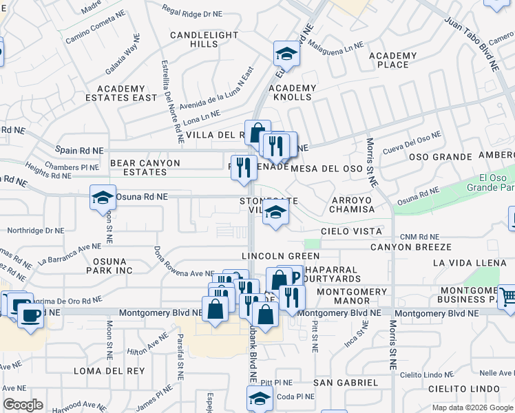 map of restaurants, bars, coffee shops, grocery stores, and more near 4915 Oso Grande Court in Albuquerque