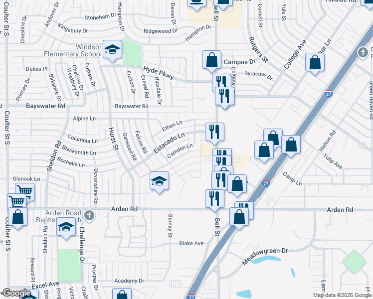 map of restaurants, bars, coffee shops, grocery stores, and more near 6205 Camden Lane in Amarillo