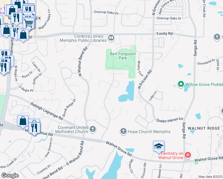 map of restaurants, bars, coffee shops, grocery stores, and more near 404 Walnut Trace Drive in Memphis