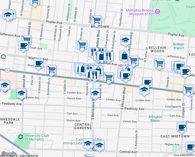 map of restaurants, bars, coffee shops, grocery stores, and more near 1708 Union Avenue in Memphis