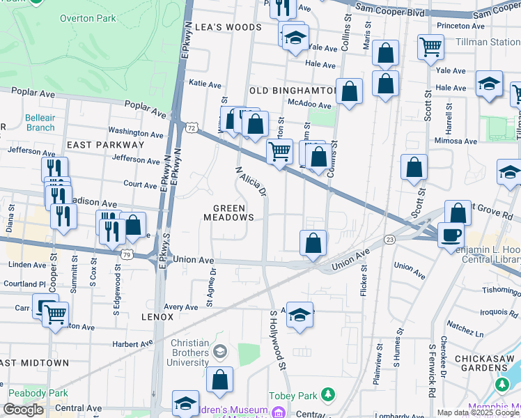 map of restaurants, bars, coffee shops, grocery stores, and more near 7 North Alicia Drive in Memphis