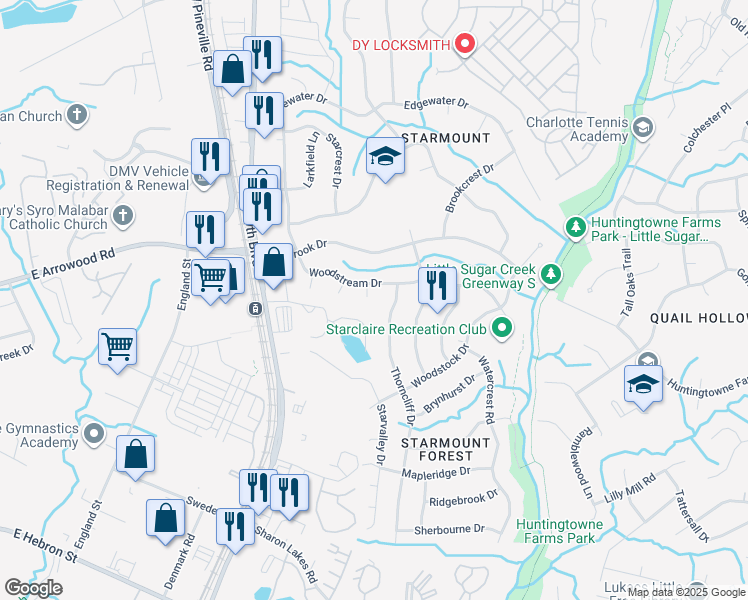map of restaurants, bars, coffee shops, grocery stores, and more near 7113 Sterncrest Place in Charlotte