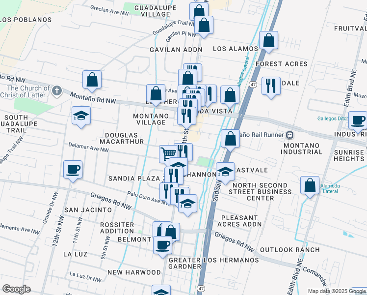 map of restaurants, bars, coffee shops, grocery stores, and more near 5301 4th Street Northwest in Albuquerque