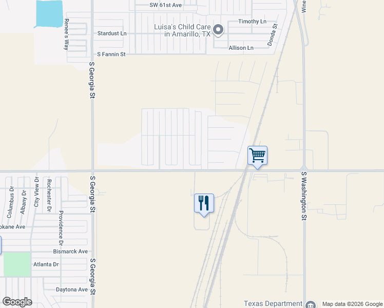 map of restaurants, bars, coffee shops, grocery stores, and more near 7202 Mercury Trail in Amarillo