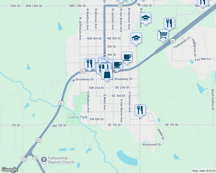 map of restaurants, bars, coffee shops, grocery stores, and more near 122 South Main in Blanchard