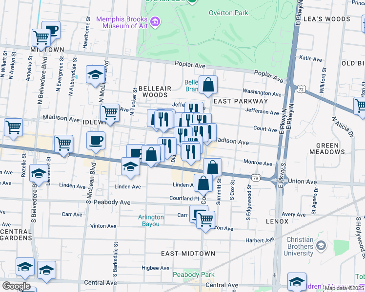 map of restaurants, bars, coffee shops, grocery stores, and more near 21 Florence Street in Memphis