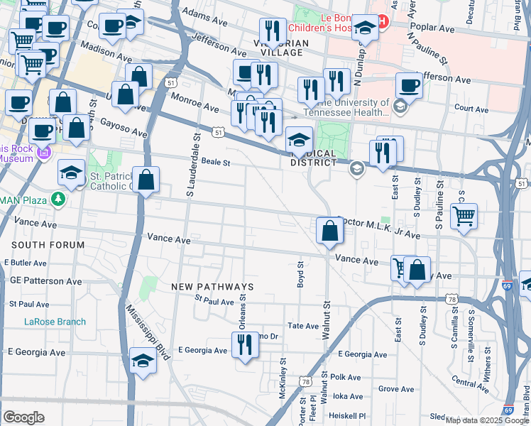 map of restaurants, bars, coffee shops, grocery stores, and more near 683 Doctor Martin Luther King Junior Avenue in Memphis