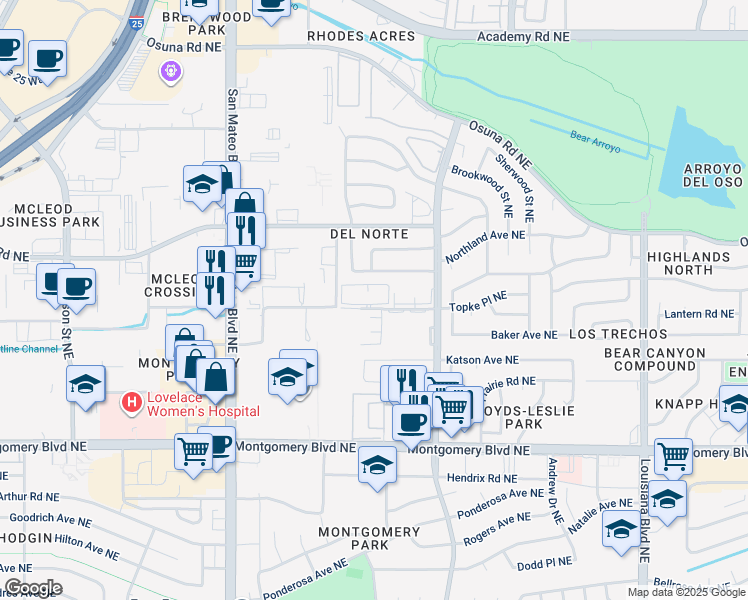 map of restaurants, bars, coffee shops, grocery stores, and more near 6001 Topke Place Northeast in Albuquerque