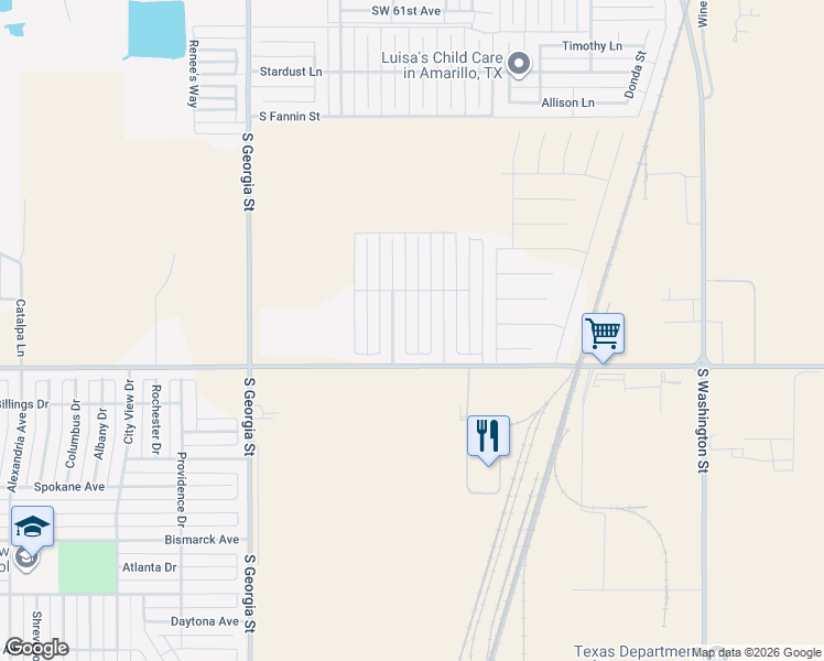 map of restaurants, bars, coffee shops, grocery stores, and more near 7202 Voyager Trail in Amarillo