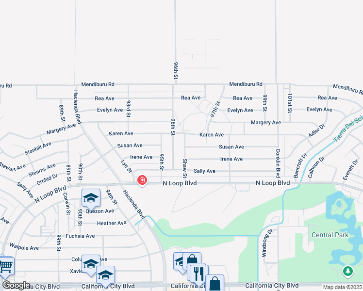 map of restaurants, bars, coffee shops, grocery stores, and more near 21701 Shaw Street in California City