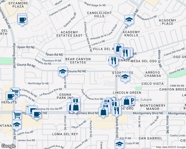 map of restaurants, bars, coffee shops, grocery stores, and more near 4925 Osuna Pl NE in Albuquerque