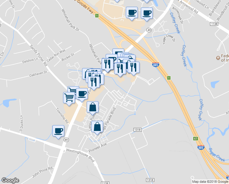 map of restaurants, bars, coffee shops, grocery stores, and more near 8421 Scotney Bluff Avenue in Charlotte