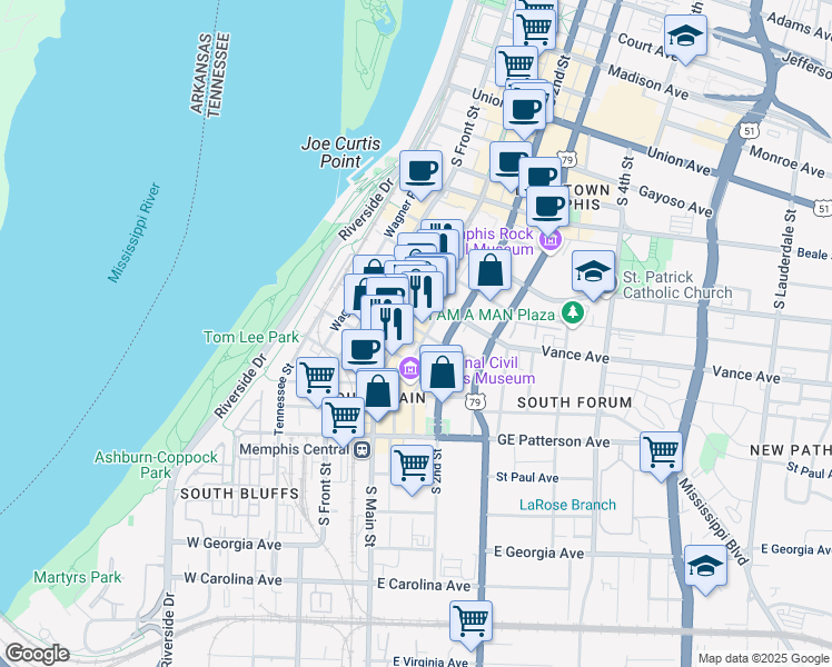 map of restaurants, bars, coffee shops, grocery stores, and more near 372 Mulberry Street in Memphis