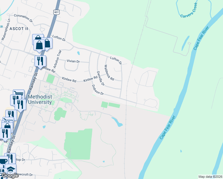 map of restaurants, bars, coffee shops, grocery stores, and more near 5711 Danville Drive in Fayetteville
