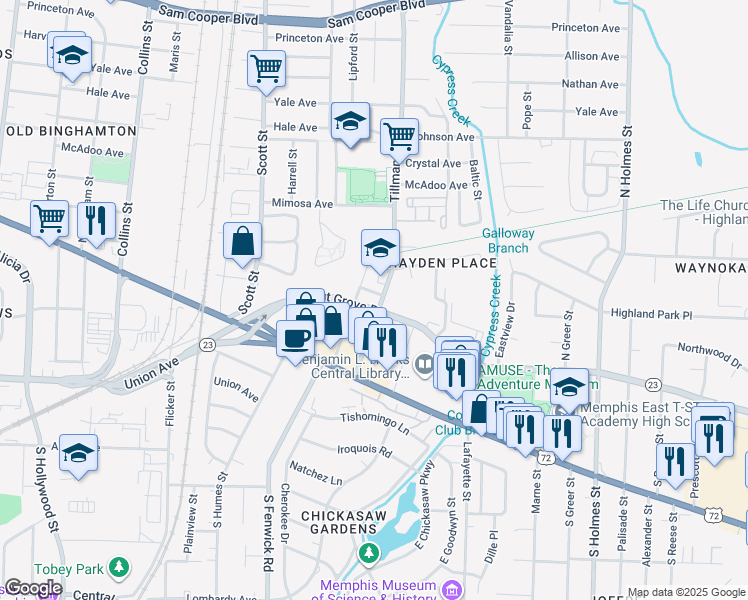 map of restaurants, bars, coffee shops, grocery stores, and more near 2956 Walnut Grove Road in Memphis