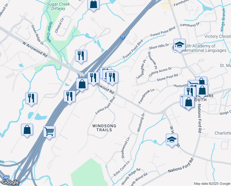 map of restaurants, bars, coffee shops, grocery stores, and more near State Road 1138 in Charlotte