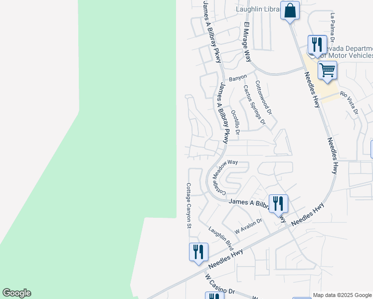 map of restaurants, bars, coffee shops, grocery stores, and more near 3365 Partridge Run Street in Laughlin