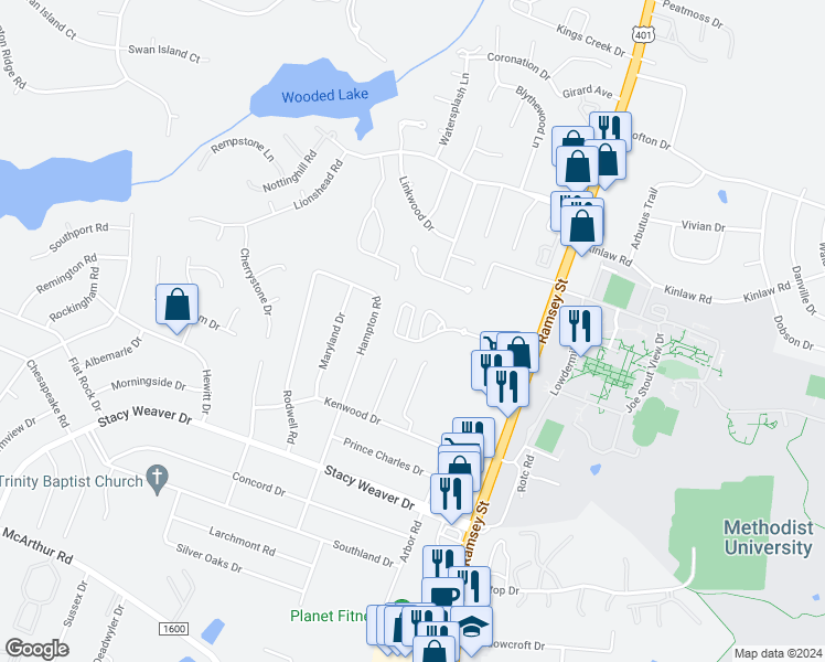 map of restaurants, bars, coffee shops, grocery stores, and more near 908 Tallstone Drive in Fayetteville