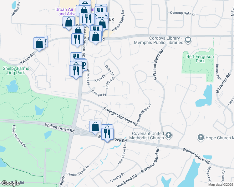 map of restaurants, bars, coffee shops, grocery stores, and more near 403 Regis Cove in Memphis