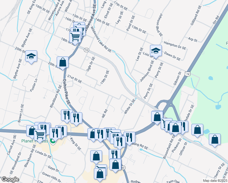 map of restaurants, bars, coffee shops, grocery stores, and more near 1601 21st Street Southeast in Cleveland
