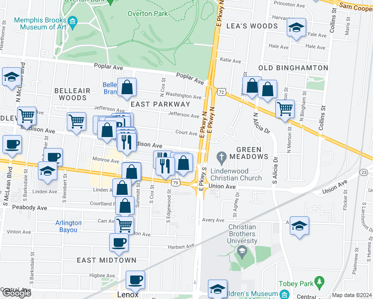 map of restaurants, bars, coffee shops, grocery stores, and more near 2293 Madison Avenue in Memphis