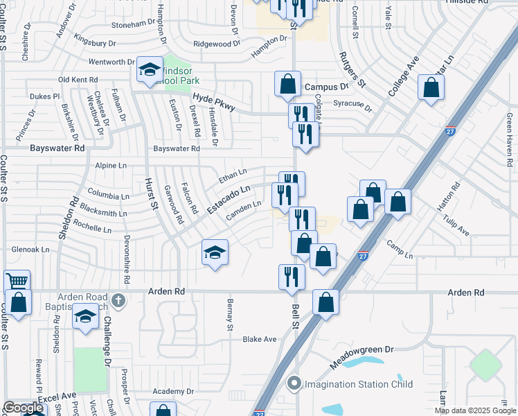 map of restaurants, bars, coffee shops, grocery stores, and more near 6205 Camden Lane in Amarillo