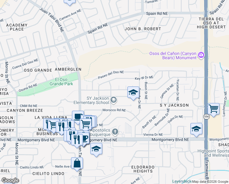 map of restaurants, bars, coffee shops, grocery stores, and more near 11408 Manitoba Drive Northeast in Albuquerque