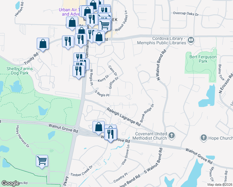 map of restaurants, bars, coffee shops, grocery stores, and more near 403 Regis Cove in Memphis
