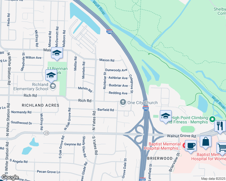 map of restaurants, bars, coffee shops, grocery stores, and more near 5684 Redding Ave in Memphis